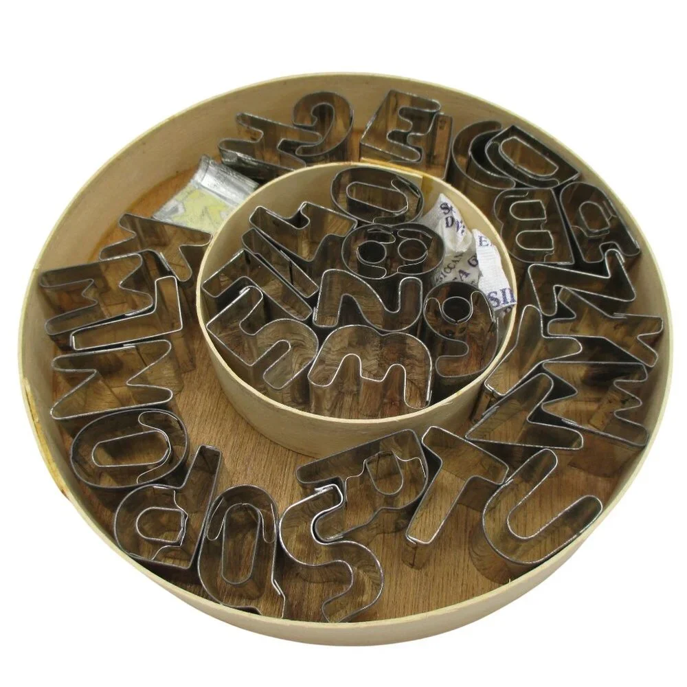 Vintage Lillian Vernon 1988 Alphabet Cookie Cutter Set In Round Wooden Box